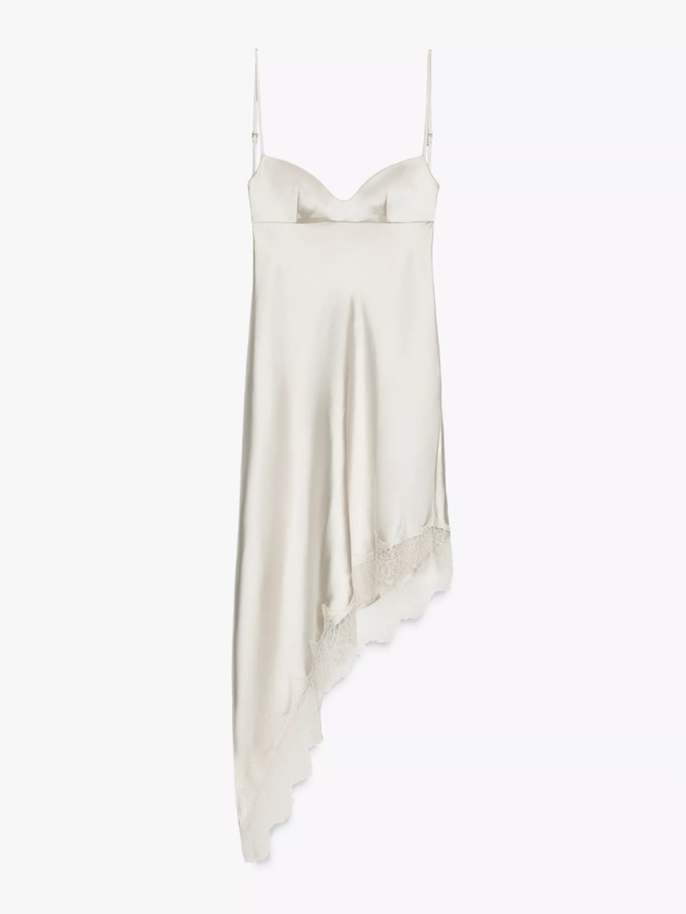 Zara Cream Asymmetrical Slip Dress with Lace Hem